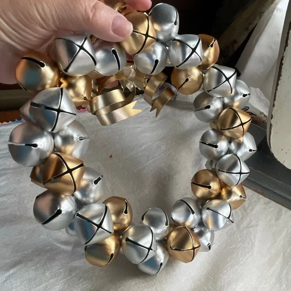 Silver & Gold jingle bells wreath hanging cord Holly decor